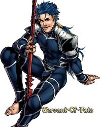 Rule 34 | 1boy, barefoot, blue hair, cu chulainn (fate), cu chulainn (fate/stay night), earrings, fate/stay night, fate (series), gae bolg (fate), jewelry, long hair, male focus, polearm, ponytail, red eyes, servant of fate, solo, spear, transparent background, weapon