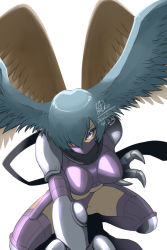 Rule 34 | 00s, 1girl, 2022, aqua eyes, aqua hair, artist request, breasts, claws, dated, digimon, elbow gloves, eyelashes, feathers, female focus, gauntlets, gloves, harpy, head wings, high collar, highleg, highleg panties, large breasts, mask, midriff, monster girl, panties, revealing clothes, shutumon, squatting, thighhighs, thong, underwear, white background, wide hips, wings