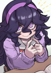 Rule 34 | @ @, absurdres, alternate costume, bags under eyes, black hair, book, commentary request, creatures (company), desk, elbows on table, game freak, hair between eyes, hairband, hex maniac (pokemon), highres, index fingers together, jaguarsee, long hair, looking at viewer, messy hair, nintendo, open book, pokemon, pokemon xy, purple eyes, purple hairband, purple sweater, sidelocks, sweater, wavy mouth