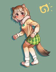 Rule 34 | 1girl, absurdres, animal ears, black-tailed prairie dog (kemono friends), blonde hair, blush, brown eyes, brown hair, brown thighhighs, clenched hands, commentary, english commentary, full body, fur collar, green background, green skirt, highres, japari symbol, kemono friends, lilredronin, long sleeves, looking at viewer, looking back, multicolored hair, plaid, plaid skirt, pleated skirt, shoes, short hair, simple background, skirt, smile, solo, tail, thighhighs, two-tone hair, zettai ryouiki