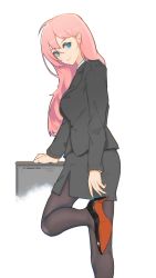 Rule 34 | 1girl, black footwear, black jacket, black pantyhose, black skirt, blue eyes, breasts, christian louboutin (brand), cowboy shot, formal, hair behind ear, hello worker (vocaloid), high heels, highres, jacket, lin hai, long hair, looking back, looking to the side, medium breasts, megurine luka, office lady, pantyhose, pencil skirt, pinup (style), red soles, shoes, skirt, smile, solo, suit, vocaloid