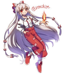 Rule 34 | 1girl, bow, collared shirt, commentary, fire, fujiwara no mokou, full body, grey hair, hair bow, hand in pocket, highres, long hair, looking at viewer, ofuda, ofuda on clothes, one-hour drawing challenge, pants, red eyes, red footwear, red pants, renshirenji, shirt, simple background, solo, suspenders, touhou, twitter username, very long hair, white background, white shirt