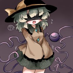 1girl ? ?? black_blindfold black_hat blindfold blush bow brown_background buttons collar covered_eyes diamond_button embarrassed eyeball fedora floral_print flying_sweatdrops frilled_shirt_collar frilled_sleeves frills gradient_background green_collar green_hair green_skirt hair_between_eyes hat hat_bow heart heart_of_string heripantomorrow komeiji_koishi long_sleeves medium_hair open_mouth own_hands_together shirt simple_background skirt solo spoken_question_mark third_eye touhou wide_sleeves yellow_bow yellow_shirt