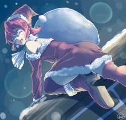 Rule 34 | 1girl, ;d, aida mana, bare shoulders, boots, chimney, christmas, climbing, commentary request, detached sleeves, dokidoki! precure, dress, dutch angle, earrings, from behind, fur choker, fur trim, g tear, hair between eyes, hat, high heel boots, high heels, highres, holding, holding sack, jewelry, light particles, looking at viewer, looking back, night, one eye closed, open mouth, outdoors, partial commentary, precure, red dress, red footwear, red hat, red sleeves, red thighhighs, rooftop, sack, santa costume, santa hat, short hair, signature, smile, solo, strapless, strapless dress, thighhighs