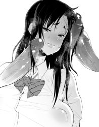 Rule 34 | 1girl, black hair, blush, chimosaku, closed mouth, collared shirt, disembodied penis, dress shirt, covered erect nipples, greyscale, half-closed eyes, lips, long hair, looking at viewer, monochrome, multiple penises, nose blush, original, penis, precum, shirt, simple background, sweat, uncensored, veins, veiny penis, white background