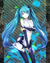 Rule 34 | 1girl, aqua hair, text background, between breasts, blue eyes, breasts, bridal gauntlets, center opening, colorized, hatsune miku, hatsune miku (append), highres, langjiao, long hair, navel, necktie, reika (clovia studio), solo, thighhighs, twintails, very long hair, vocaloid, vocaloid append