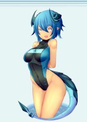 Rule 34 | 1girl, arms behind back, bare shoulders, blue eyes, blue hair, breasts, closed mouth, covered navel, cowboy shot, eyebrows, highleg, highleg swimsuit, highres, horns, looking at viewer, medium breasts, moeroknight, monster girl, one-piece swimsuit, open mouth, original, short hair, smile, solo, swimsuit, tail, thick eyebrows, turtleneck