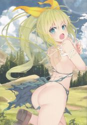 Rule 34 | 1girl, absurdres, ass, bare shoulders, blue eyes, blue sky, blush, breasts, brown footwear, cloud, cloudy sky, daiyousei, day, dress, fairy wings, fingernails, from behind, green hair, hair ribbon, highres, long hair, looking at viewer, looking back, medium breasts, mikoma sanagi, mountain, nail polish, no panties, non-web source, open mouth, orange ribbon, outdoors, pink nails, ribbon, scan, shoulder blades, side ponytail, sideboob, sky, solo, thighs, torn clothes, torn dress, touhou, tree, wings