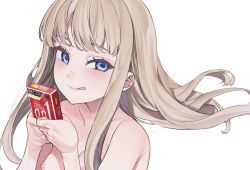 Rule 34 | 1girl, bad id, bad twitter id, blue eyes, blunt bangs, blush, breasts, brown hair, closed mouth, collarbone, condom box, holding, long hair, mameojitan, medium breasts, nipples, okamoto condoms, original, simple background, smile, solo, tongue, tongue out, white background