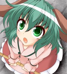 Rule 34 | 1girl, :o, animal ears, bamboo broom, broom, commentary request, day, dress, foreshortening, from above, green eyes, green hair, hair between eyes, head tilt, highres, holding, holding broom, kasodani kyouko, layered skirt, looking to the side, looking up, muumuu (sirufuruteienn), open mouth, outdoors, pink dress, pleated skirt, short hair, skirt, sleeves past wrists, solo, standing, touhou