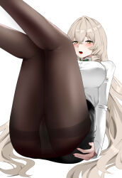 Rule 34 | 1girl, absurdres, andrea doria (azur lane), andrea doria (have a safe flight) (azur lane), azur lane, black pantyhose, black skirt, blush, bow, bowtie, collared shirt, crossed bangs, drill hair, embarrassed, flight attendant, hair between eyes, highres, legs up, light brown hair, long hair, long sleeves, looking to the side, mianbaoren, official alternate costume, open mouth, panties, panties over pantyhose, pantyhose, pencil skirt, pink nails, shirt, simple background, sitting, skirt, solo, travel attendant, underwear, white background, white shirt, yellow eyes
