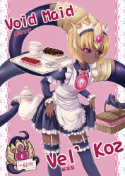 Rule 34 | 1girl, alternate costume, basket, biscuit, black sclera, cake, chinese text, colored sclera, cup, dark skin, enmaided, extra eyes, food, gender request, genderswap, head tail, highres, league of legends, long hair, maid, nam (valckiry), personification, plate, saucer, tea, teacup, teapot, tentacles, tentacle hair, third eye, traditional chinese text, translation request, vel&#039;koz