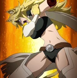 Rule 34 | 10s, 1girl, akame ga kill!, amputee, animal ears, black panties, blonde hair, blood, breasts, highres, large breasts, leone (akame ga kill!), long hair, panties, solo, stitched, third-party edit, underwear, yellow eyes