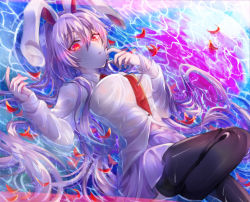 Rule 34 | 1girl, animal ears, bad id, bad pixiv id, blouse, breasts, buttons, collared shirt, glowing, glowing eyes, highres, large breasts, long hair, lying on water, necktie, petals, pink skirt, pleated skirt, purple hair, rabbit ears, red eyes, red necktie, reisen udongein inaba, see-through, shirt, skirt, solo, stomach, touhou, very long hair, water, wet, wet clothes, wet hair, wet shirt, white shirt, yusha (lv1 yusha 522)
