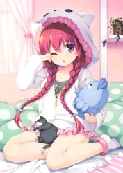 Rule 34 | 1girl, absurdres, animal, animal hood, animal on lap, blush, braid, cat, cat on lap, chestnut mouth, collarbone, curtains, cushion, closed eyes, fish hair ornament, frills, hair ornament, head tilt, highres, hood, hooded track jacket, indoors, jacket, long hair, on bed, on lap, original, plant, pleated skirt, potted plant, purple eyes, red hair, rubbing eyes, scan, senji (tegone spike), shelf, sitting, skirt, socks, solo, stuffed animal, stuffed fish, stuffed toy, track jacket, triangle mouth, twin braids, twintails, very long hair, white socks