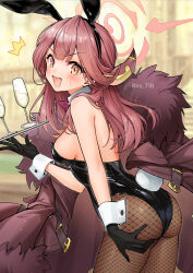 Rule 34 | 1girl, :d, ^^^, alcohol, animal ears, aru (blue archive), ass, bare shoulders, black gloves, black leotard, blue archive, breasts, brown pantyhose, champagne, champagne flute, cup, drinking glass, fake animal ears, fake tail, fishnet pantyhose, fishnets, fur-trimmed jacket, fur trim, glass, gloves, halo, highres, horns, iro 178, jacket, leotard, long hair, looking at viewer, medium breasts, open mouth, pantyhose, pink halo, playboy bunny, rabbit ears, rabbit tail, red hair, red jacket, sideboob, smile, solo, tail, yellow eyes