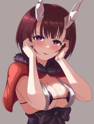 Rule 34 | + +, 1girl, black bra, blush, bra, breasts, broken horn, brown hair, capelet, cleavage, commentary request, demon girl, demon horns, eriko (princess connect!), fur-trimmed capelet, fur trim, grey background, highres, horns, large breasts, looking at viewer, mononoke (pixiv53597254), princess connect!, purple eyes, red capelet, short hair, smile, solo, symbol-shaped pupils, underwear, upper body