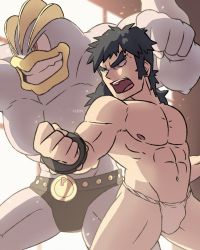 Rule 34 | 1boy, abs, absurdres, alolan boy, artist name, bad id, bad twitter id, black hair, bruno (pokemon), bulge, clenched hand, commentary, cowboy shot, creatures (company), elite four, english commentary, game freak, gen 1 pokemon, highres, long hair, looking to the side, machamp, male focus, male underwear, navel, nintendo, open mouth, pokemon, pokemon (creature), pokemon lgpe, ponytail, teeth, tongue, topless male, underwear, watermark, white male underwear