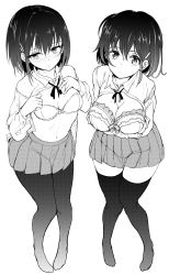 2girls absurdres blush bra breasts cleavage greyscale hair_ornament hairclip highres hoshizuki_kaede hoshizuki_suzu kaede_to_suzu kyokucho looking_at_viewer love_me mole mole_on_breast monochrome multiple_girls navel open_clothes open_shirt original pantyhose pleated_skirt shirt short_hair siblings simple_background sisters skirt take_your_pick thighhighs underwear white_background