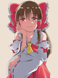 Rule 34 | 1girl, ascot, bare shoulders, bow, brown hair, collar, detached sleeves, ema20, frilled hair tubes, frills, hair bow, hair tubes, hakurei reimu, hand on own face, happy, highres, japanese clothes, long hair, looking at viewer, miko, nontraditional miko, red bow, red eyes, red shirt, red skirt, ribbon-trimmed sleeves, ribbon trim, shirt, sidelocks, simple background, skirt, skirt set, sleeveless, smile, solo, touhou, white collar