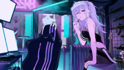 Rule 34 | 1girl, ahoge, animal ears, bare shoulders, breasts, chair, gaming chair, grey eyes, grey hair, guitar, gun, gun rack, handprint, highres, hololive, instrument, keyboard (computer), large breasts, lion ears, lion tail, long hair, looking at viewer, monitor, mouse (computer), multiple monitors, neon lights, radiator, robotta, screen light, shishiro botan, shishiro botan (1st costume), solo, swivel chair, tail, toothbrush in mouth, virtual youtuber, weapon, weapon rack