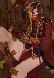 Rule 34 | 1boy, absurdres, asymmetrical bangs, baggy pants, bandaged head, bandages, chinese clothes, chinese hat, collar, gears, green eyes, hair between eyes, harusatonougyou, hat, highres, jiangshi, long sleeves, looking at viewer, male focus, mechanical arms, original, pants, prosthesis, qingdai guanmao, short hair, single mechanical arm, sitting, solo, steampunk, white pants, wide sleeves