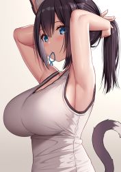 Rule 34 | 1girl, akusema, animal ear fluff, animal ears, armpits, black hair, blue eyes, breasts, cat ears, cat tail, commentary request, gradient background, hair between eyes, hair ornament, highres, large breasts, looking at viewer, looking to the side, mouth hold, original, shirt, short hair, sideboob, sidelocks, simple background, sleeveless, sleeveless shirt, solo, standing, tail, tank top, tying hair, upper body, white tank top