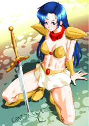 Rule 34 | 1girl, armor, asou yuuko, bikini armor, blue eyes, blue hair, boots, breasts, cleavage, commentary request, knee boots, long hair, looking at viewer, midriff, mugen senshi valis, open mouth, qkat (arikawa-dou), scarf, shoulder pads, skirt, solo, sword, weapon