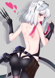 Rule 34 | 1girl, absurdres, ass, back, backless outfit, belt, between fingers, bike shorts, black belt, black gloves, black shorts, blush, borumete, butt crack, cosplay, eyes visible through hair, fate/grand order, fate (series), fingerless gloves, from behind, gloves, grey background, hassan of serenity (fate), hassan of serenity (fate) (cosplay), heart, highres, holding, holding knife, kama (fate), knife, knives between fingers, looking at viewer, looking back, medium hair, mouth hold, red eyes, red ribbon, ribbon, ribbon in mouth, shadow, shiny clothes, short shorts, shorts, shoulder blades, silver hair, solo