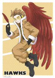 Rule 34 | 1boy, absurdres, artist name, black footwear, black gloves, boku no hero academia, boots, brown coat, brown hair, brown pants, character name, coat, facial hair, feathered wings, feathers, full body, fur trim, gloves, hand in pocket, hawks (boku no hero academia), headphones, highres, holding, holding feather, male focus, pants, short hair, solo, stubble, wheather, wings, yellow background