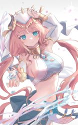 Rule 34 | 1girl, aqua eyes, arm up, bare shoulders, blue skirt, breasts, brooch, circlet, closed mouth, commentary request, crop top, detached sleeves, floating hair, foreshortening, genshin impact, harem outfit, highres, horns, jewelry, large breasts, long hair, long sleeves, looking at viewer, low twintails, nail polish, navel, neck ring, nilou (genshin impact), outstretched hand, puffy long sleeves, puffy sleeves, shin murasame, sideboob, simple background, skirt, smile, solo, stomach, twintails, vambraces, veil, water, white background, white sleeves