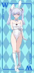 Rule 34 | 1girl, animal ears, argyle, argyle background, argyle clothes, bare shoulders, blue eyes, blush, border, bow, bowtie, character name, clenched teeth, collar, collarbone, detached collar, diamond (shape), english text, fake animal ears, hair ornament, hand on own arm, high heels, highleg, highleg leotard, highres, holding own arm, jewelry, kneehighs, leotard, looking at viewer, necklace, patterned background, playboy bunny, rabbit ears, rwby, ryoha kosako, scar, scar across eye, sleeveless, socks, solo, strapless, strapless leotard, teeth, thighs, twintails, weiss schnee, white bow, white bowtie, white footwear, white hair, white socks, wrist cuffs