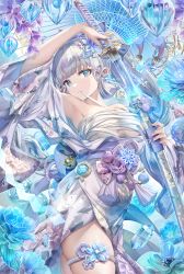 Rule 34 | 1girl, absurdres, ayaka (genshin impact), bandages, bare shoulders, blue eyes, blue flower, breasts, female focus, fingernails, flower, genshin impact, grey hair, hair ornament, highres, holding, holding sword, holding weapon, long hair, looking at viewer, medium breasts, mole, mole under eye, non-web source, solo, sword, thigh strap, thighs, torino aqua, weapon