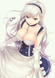 Rule 34 | &gt;:), 1girl, apron, apron hold, azur lane, bare shoulders, belfast (azur lane), blue collar, blue dress, blue eyes, blue hairband, braid, breasts, chain, cleavage, collar, collarbone, commentary request, cowboy shot, culter, dress, french braid, frilled apron, frilled gloves, frills, from above, gloves, green background, hairband, large breasts, lips, long hair, looking at viewer, maid apron, maid headdress, petticoat, silver hair, simple background, smile, solo, v-shaped eyebrows, waist apron, white apron, white gloves