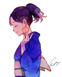 Rule 34 | 1girl, akagi shun, blue kimono, blush, brown hair, closed mouth, earrings, closed eyes, from side, hand up, japanese clothes, jewelry, kimono, long sleeves, obi, original, ponytail, profile, sash, signature, simple background, smile, solo, white background, wide sleeves