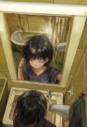 Rule 34 | 1girl, absurdres, bad id, bad twitter id, bathroom, bathtub, black hair, blue shirt, child, closed eyes, drying, drying hair, electrical outlet, faucet, female focus, from above, hair dryer, highres, indoors, mirror, original, reflection, sero3eta, shirt, sink, solo, steam, tile floor, tiles, towel, v-neck