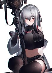 Rule 34 | 1girl, absurdres, alternate costume, arknights, bare shoulders, black gloves, black shirt, black skirt, black thighhighs, blush, breasts, closed mouth, crop top, crop top overhang, detached sleeves, gloves, hair between eyes, headset, highres, holding, holding sword, holding weapon, large breasts, long hair, looking at viewer, midriff, miniskirt, neckerchief, pleated skirt, red eyes, school uniform, serafuku, shirt, silver hair, simple background, sitting, skadi (arknights), skirt, sleeveless, sleeveless shirt, solo, sword, thighhighs, very long hair, weapon, white background, wide sleeves, wristband, yushe quetzalli