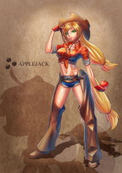 Rule 34 | 1girl, animal ears, apple, applejack, blonde hair, breasts, chaps, character name, choker, cleavage, cowboy hat, cutie mark, cutoffs, fingerless gloves, food, freckles, front-tie top, fruit, full body, gloves, green eyes, hat, highres, horse ears, horse girl, horse tail, large breasts, legs apart, long hair, low-tied long hair, micro shorts, midriff, my little pony, my little pony: friendship is magic, navel, personification, plaid, plaid shirt, shiny skin, shirt, short shorts, shorts, silhouette, sleeves rolled up, smile, solo, standing, tail, tako seijin, taut clothes, taut shirt, tied shirt, toned