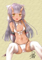 Rule 34 | 1girl, :p, bikini, black gloves, blush, breasts, cameltoe, claw (weapon), dark-skinned female, dark skin, detached collar, elbow gloves, gloves, hair ribbon, horns, long hair, looking at viewer, navel, oni, oni horns, original, ribbon, silver hair, simple background, sketch, slit pupils, small breasts, smile, solo, swimsuit, thighhighs, tongue, tongue out, weapon, white bikini, white thighhighs, yua (checkmate)