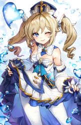 Rule 34 | 1girl, ;), barbara (genshin impact), bare shoulders, blonde hair, blue eyes, blush, bow, bowtie, breasts, clothes lift, cross, detached sleeves, dress, drill hair, frilled dress, frilled skirt, frills, genshin impact, hair ornament, hat, heart, highres, latin cross, lerome, lifting own clothes, long sleeves, looking at viewer, magical girl, one eye closed, pantyhose, skirt, skirt lift, smile, solo, twin drills, twintails, water, white dress, white pantyhose