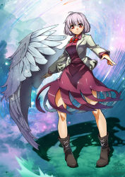 Rule 34 | 1girl, ahoge, bad anatomy, blush, boots, bow, bowtie, d:, dress, full body, jacket, kishin sagume, legs, legs apart, long sleeves, looking at viewer, open mouth, purple dress, red bow, red eyes, shadow, short hair, signature, silver hair, single wing, solo, standing, touhou, umigarasu (kitsune1963), wings