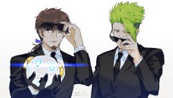 Rule 34 | 1other, 2boys, achilles (fate), adjusting eyewear, alternate costume, apollo (fate), black gloves, bow, bowtie, brown eyes, brown hair, eyes visible through hair, eyewear on head, facial hair, fate/apocrypha, fate/grand order, fate (series), formal, gloves, glowing, glowing eyes, goatee, goya (xalbino), green hair, hair ribbon, hector (fate), highres, holding, looking at viewer, male focus, multicolored hair, multiple boys, necktie, one eye closed, open mouth, ponytail, ribbon, sheep, signature, smile, stuffed animal, stuffed toy, suit, sunglasses, upper body, white background, yellow eyes