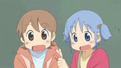 Rule 34 | 2girls, aioi yuuko, animated, animated gif, blue eyes, blue hair, blush, brown eyes, brown hair, cube hair ornament, hair ornament, happy, lowres, multiple girls, naganohara mio, nichijou, short twintails, twintails