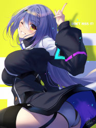 Rule 34 | 1girl, ass, black dress, black thighhighs, blue hair, blush, braid, breasts, commentary, dress, english text, etra (icetea), from side, fukai ryosuke, garter straps, grin, hand up, high collar, highres, icetea, large breasts, long hair, long sleeves, looking at viewer, official art, one eye closed, panties, pantyshot, pointing, pointing up, shadow, signature, simple background, smile, solo, thighhighs, thighs, underwear, very long hair, virtual youtuber, white panties, yellow eyes
