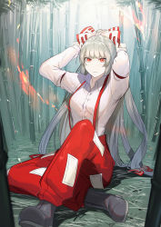 Rule 34 | 1girl, absurdres, armband, arms up, baggy pants, bamboo, bamboo forest, black footwear, boots, bow, buttons, closed mouth, collared shirt, day, fire, forest, fujiwara no mokou, full body, hair bow, hands on headwear, high-waist pants, highres, ikasoba, knee up, long hair, long sleeves, looking at viewer, multiple hair bows, nature, ofuda, ofuda on clothes, on ground, outdoors, pants, red eyes, red pants, shirt, silver hair, smile, solo, suspenders, touhou, very long hair, white shirt, wing collar