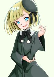 Rule 34 | 1girl, aged down, beret, blonde hair, blue eyes, blush, bow, bowtie, breasts, dress, fate (series), green dress, green hat, hat, highres, long sleeves, looking at viewer, lord el-melloi ii case files, open mouth, reines el-melloi archisorte, short hair, small breasts, smile, solo, yuusaku (nekorakuda)