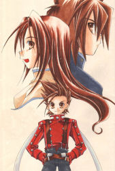 Rule 34 | 00s, brown eyes, brown hair, family, kratos aurion, lloyd irving, simple background, tales of (series), tales of symphonia