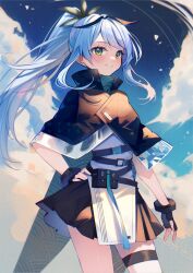 Rule 34 | 1girl, black bow, black capelet, black gloves, black skirt, blue hair, blue sky, blush, bow, capelet, closed mouth, cloud, cloudy sky, collared capelet, cowboy shot, day, fingerless gloves, floating hair, from side, gloves, green eyes, hair bow, hand on own hip, highres, hyanna-natsu, legs apart, long hair, looking at viewer, miniskirt, original, outdoors, pleated skirt, ponytail, shirt, skirt, sky, smile, solo, thigh strap, thighs, white shirt