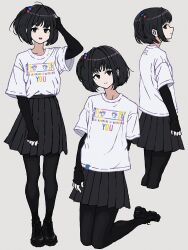 Rule 34 | 1girl, :d, amemori sayo, arm at side, black eyes, black footwear, black hair, black pantyhose, black shirt, black skirt, closed mouth, clothes writing, collarbone, commentary, cropped legs, english text, grey background, high-waist skirt, highres, layered shirt, legs together, long bangs, looking at viewer, miniskirt, multiple views, nijisanji, nkymyura, open mouth, pantyhose, pleated skirt, print shirt, profile, shirt, shirt tucked in, shoes, short hair, short sleeves, sidelocks, sideways glance, simple background, skirt, sleeves past wrists, smile, sneakers, symbol-only commentary, thigh gap, virtual youtuber, white shirt