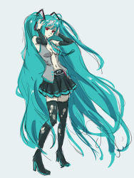 Rule 34 | 1girl, aqua hair, aqua nails, aqua necktie, bare shoulders, belt, boots, calne ca (deino), closed mouth, cosplay, fingernails, grey background, hair between eyes, hair ornament, half-closed eyes, hands on own head, hatsune miku, hatsune miku (cosplay), high heels, highres, long fingernails, long hair, nail polish, navel, necktie, purple z, red eyes, simple background, sketch, skirt, solo, standing, thigh boots, thighhighs, torn, torn clothes, torn thighhighs, very long fingernails, very long hair, vocaloid